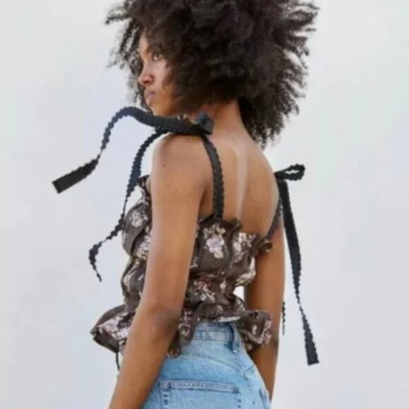 Brock Collection X H&M Floral Ribbon Tie Up Top, Women's Medium - Picture 2 of 5